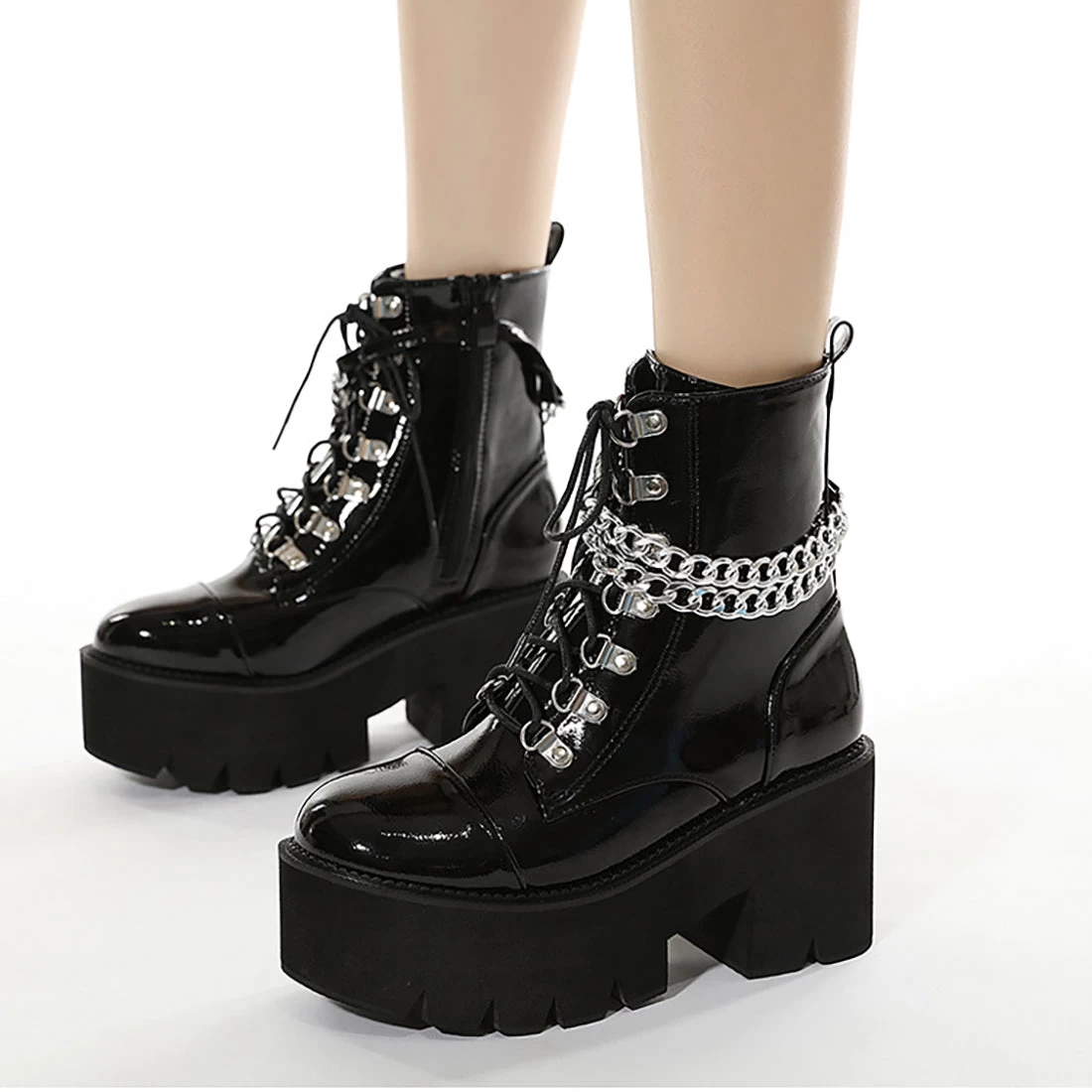Gothic Patent Leather Wrap Around Chains Platform Boots - Image 2