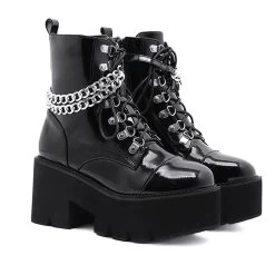 Gothic Patent Leather Wrap Around Chains Platform Boots