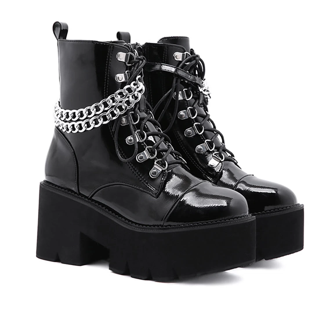 Gothic Patent Leather Wrap Around Chains Platform Boots