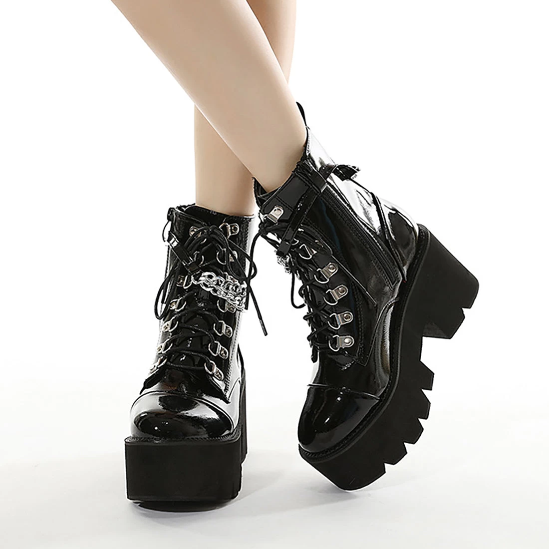 Gothic Patent Leather Wrap Around Chains Platform Boots - Image 3