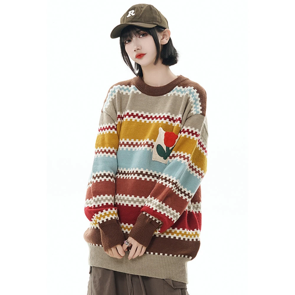 Striped Tulip Round Neck Loose Sweater Knitwear - Image 2