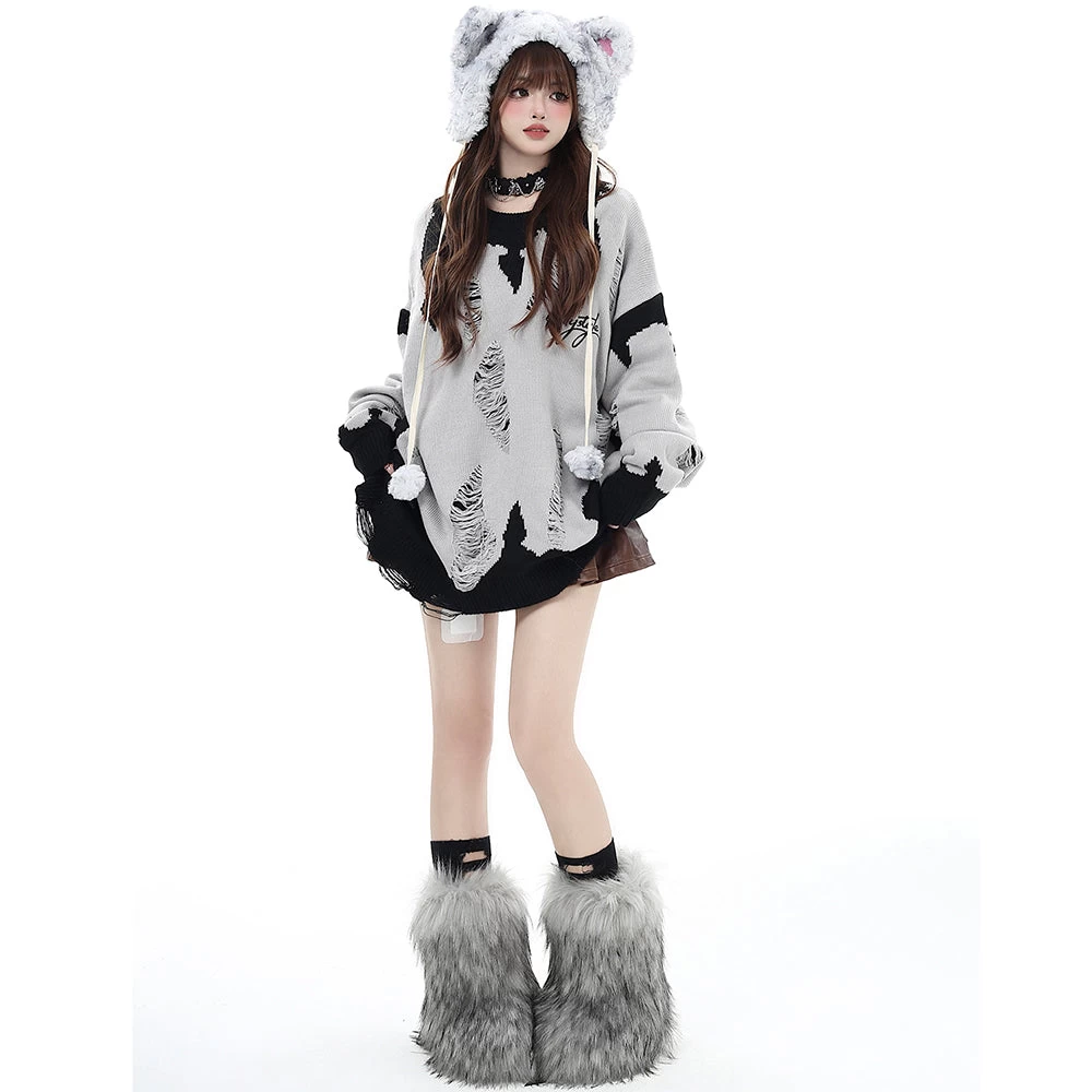 Black And Pink Street Style Hollow Out Distressed Color Block Sweater - Image 13