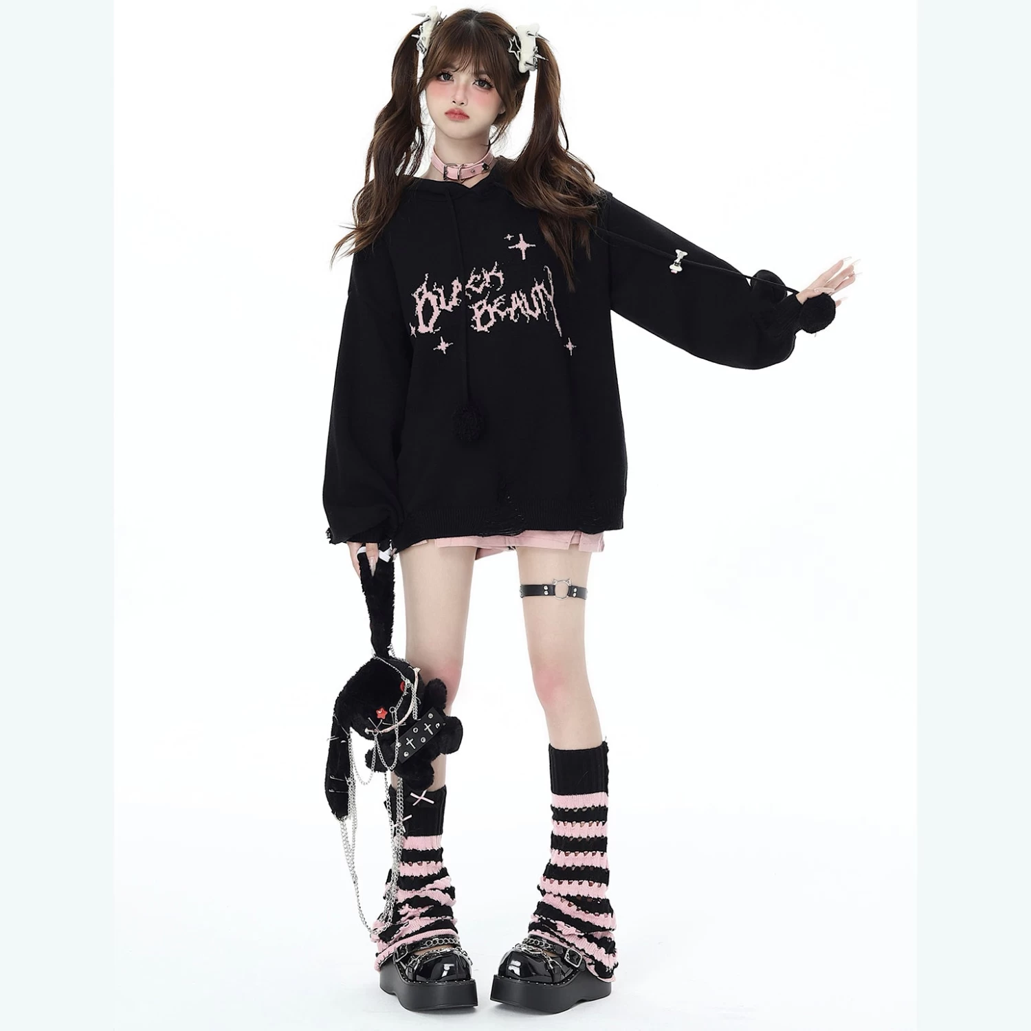 Cool Distressed Loose Lantern Sleeve Hooded Knit Sweater - Image 8