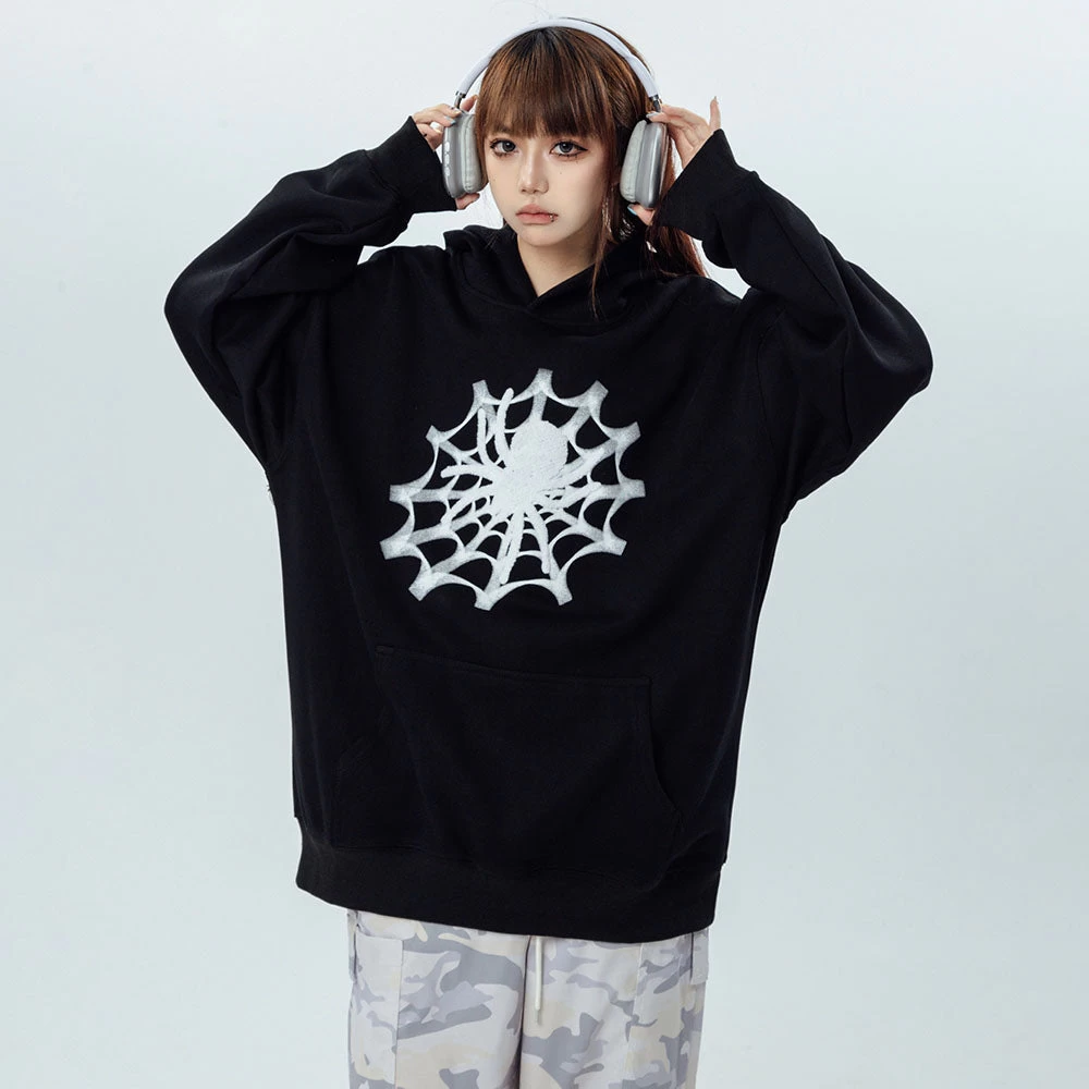 Vintage Spider Web Print Pocket Loose Hoodie - Image 3