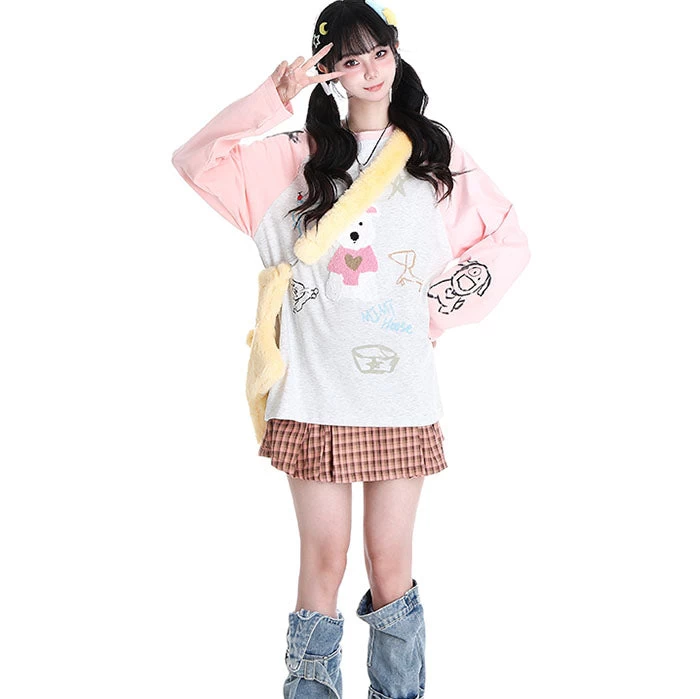 Cartoon Bear Print Long Sleeve Round Collar Hoodie - Image 2