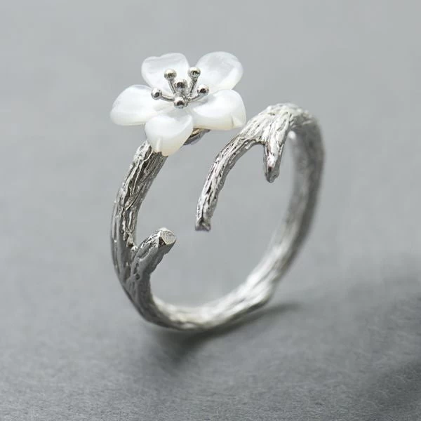 White Cherry Blossom Silver Ring - Image 2