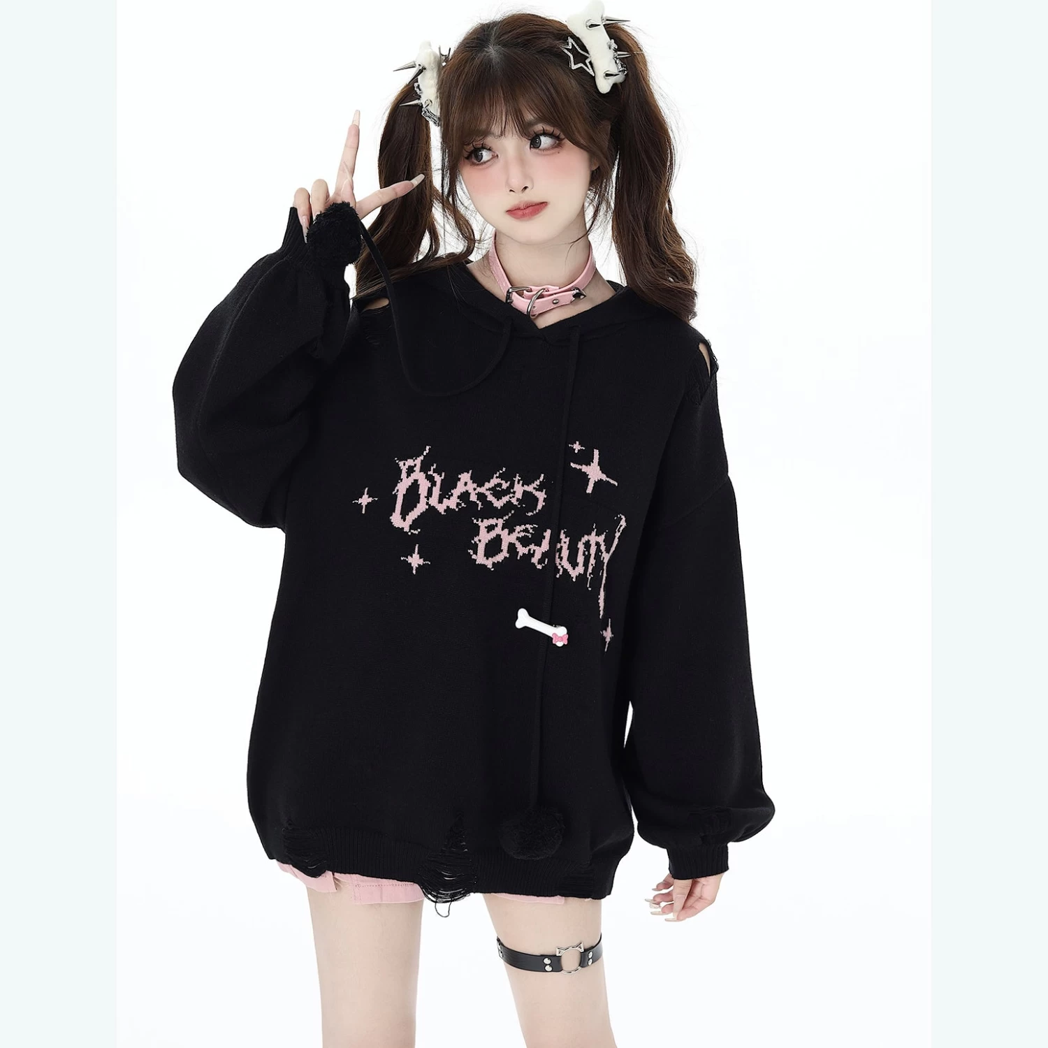 Cool Distressed Loose Lantern Sleeve Hooded Knit Sweater - Image 9