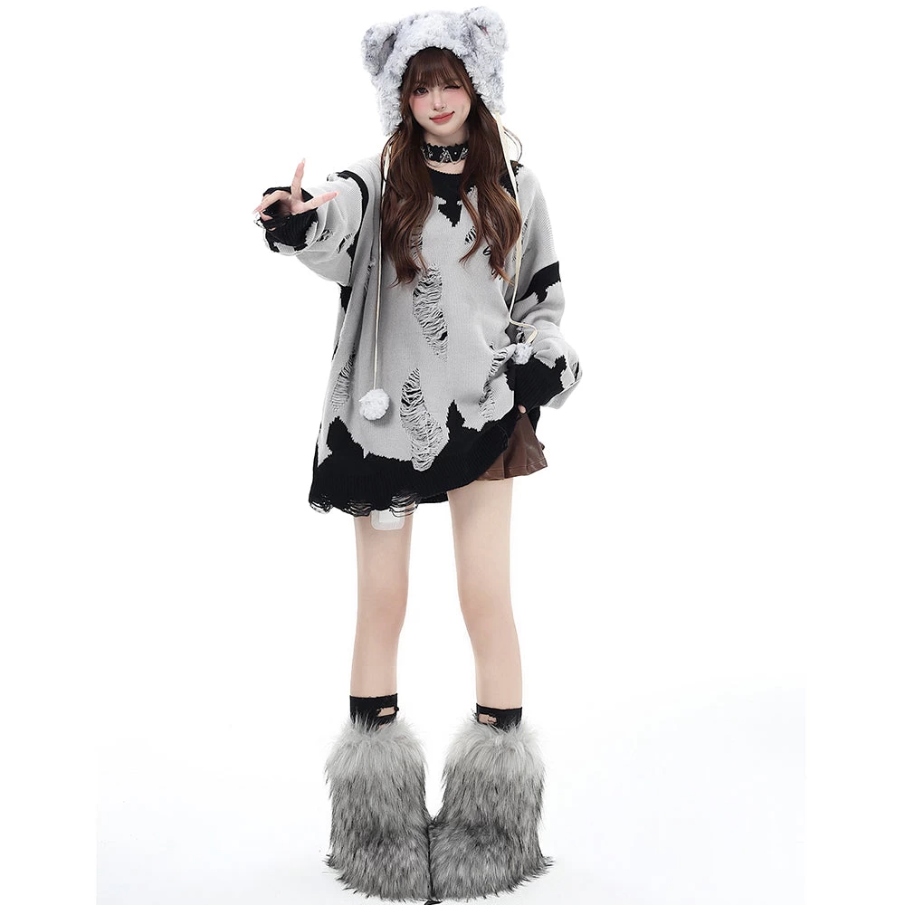 Black And Pink Street Style Hollow Out Distressed Color Block Sweater - Image 9