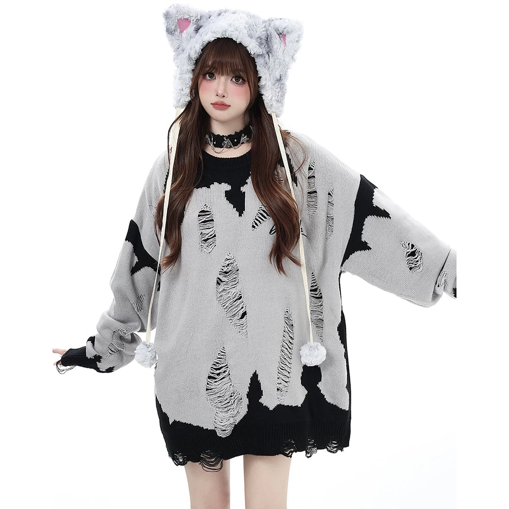 Black And Pink Street Style Hollow Out Distressed Color Block Sweater - Image 3