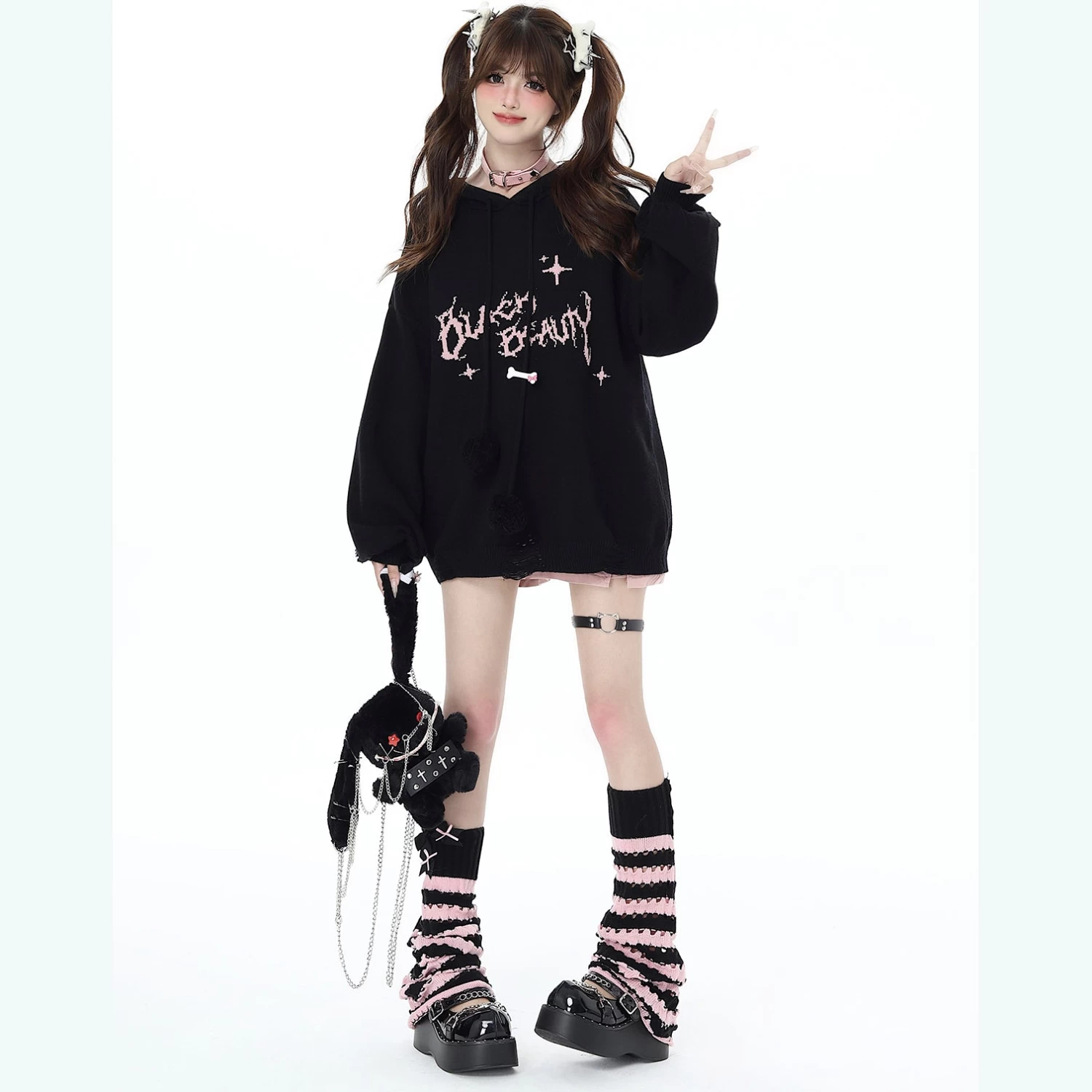 Cool Distressed Loose Lantern Sleeve Hooded Knit Sweater - Image 5