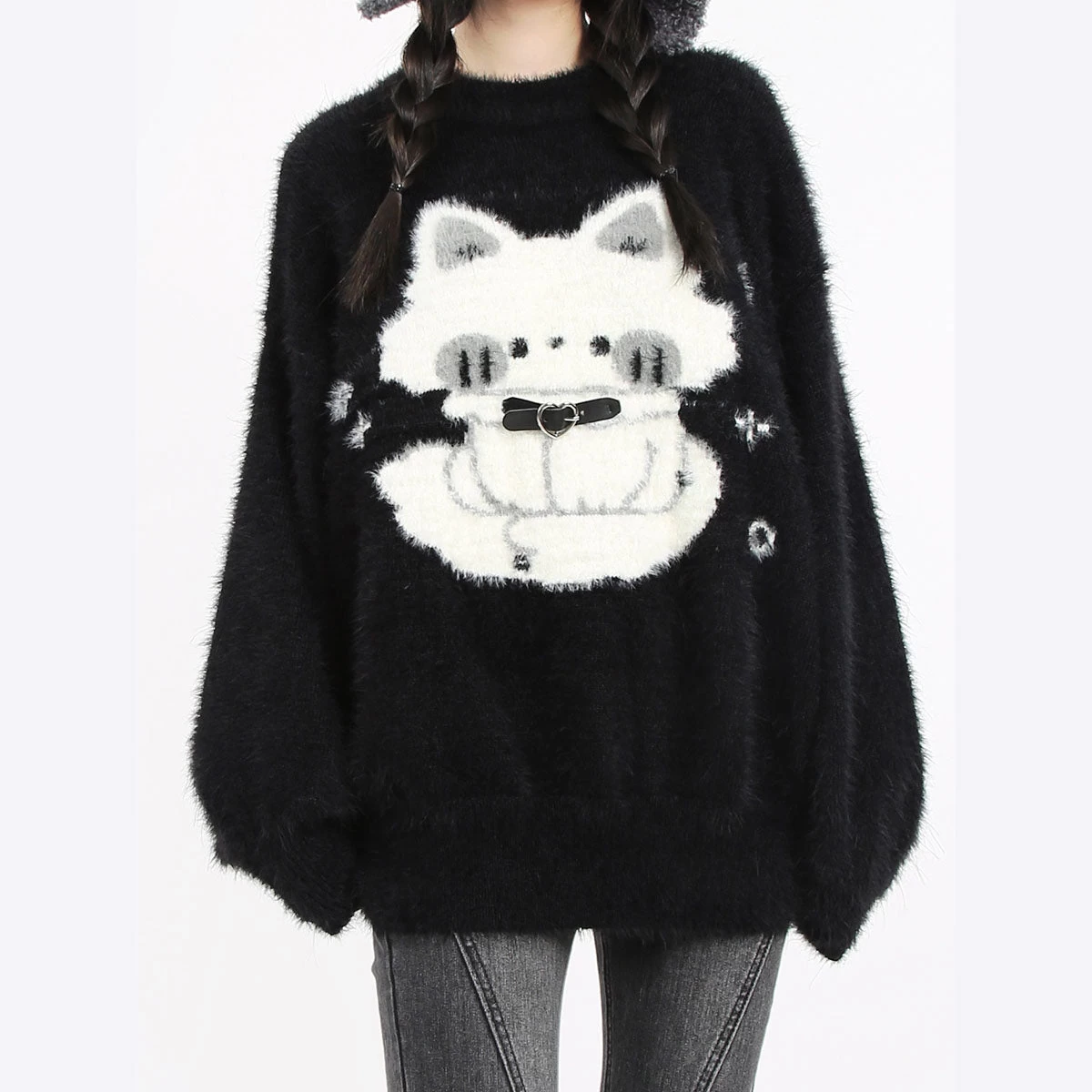 Cartoon Cat Print Black Sweater - Image 4