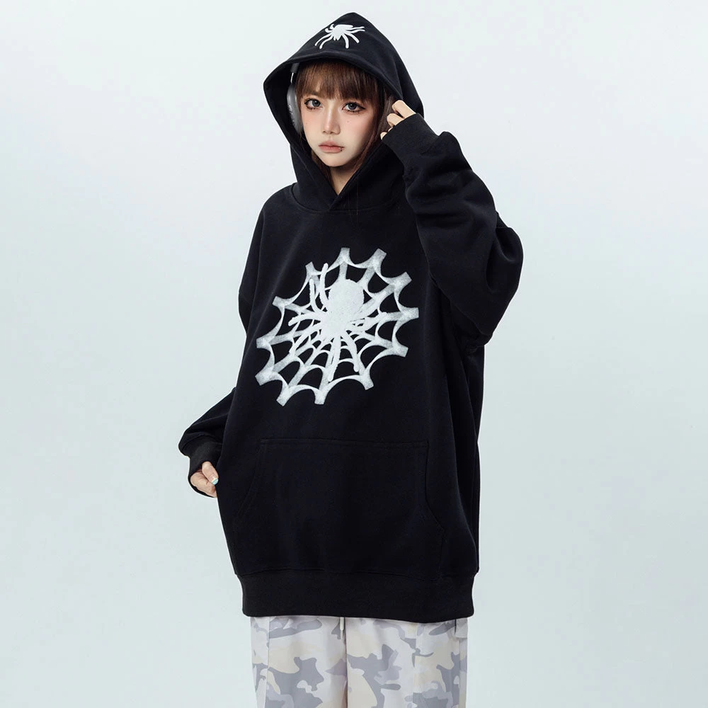 Vintage Spider Web Print Pocket Loose Hoodie - Image 4