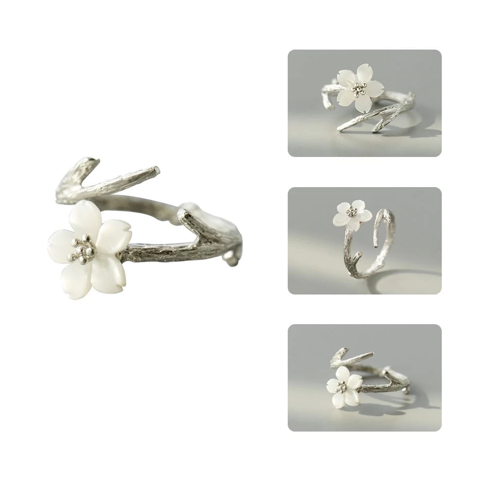 White Cherry Blossom Silver Ring - Image 3