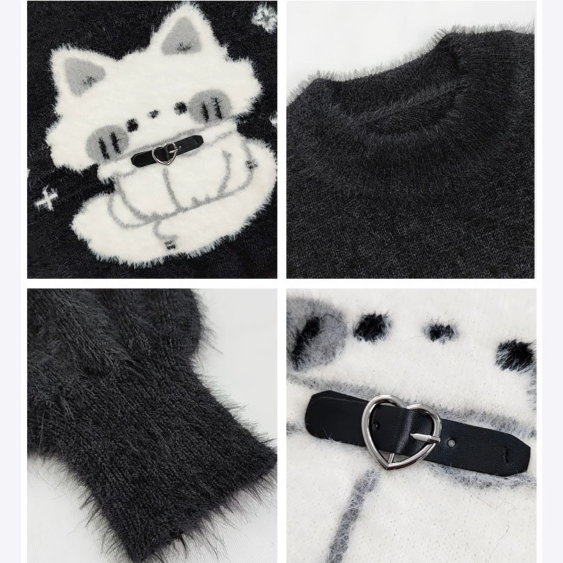 Cartoon Cat Print Black Sweater - Image 5