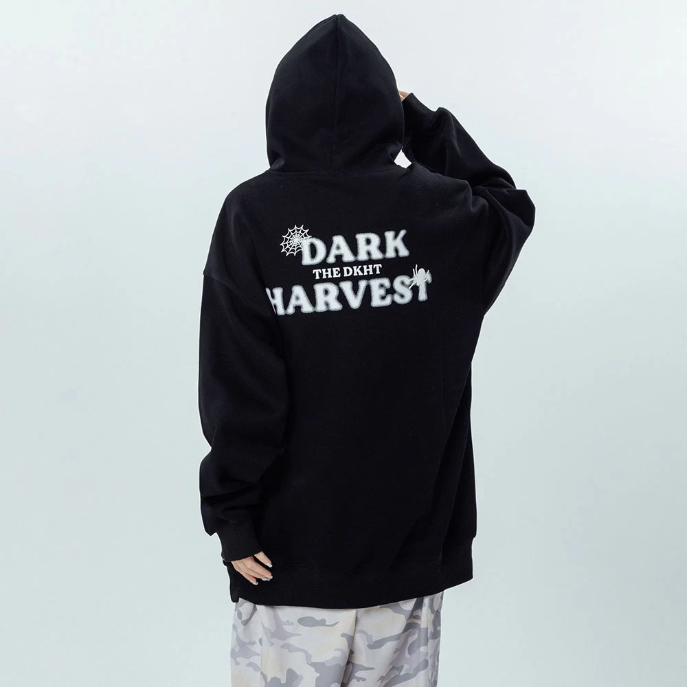 Vintage Spider Web Print Pocket Loose Hoodie - Image 5