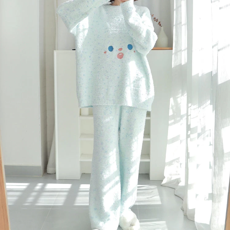 Cute Smail Pattern Round Neck Pajama Set - Image 4