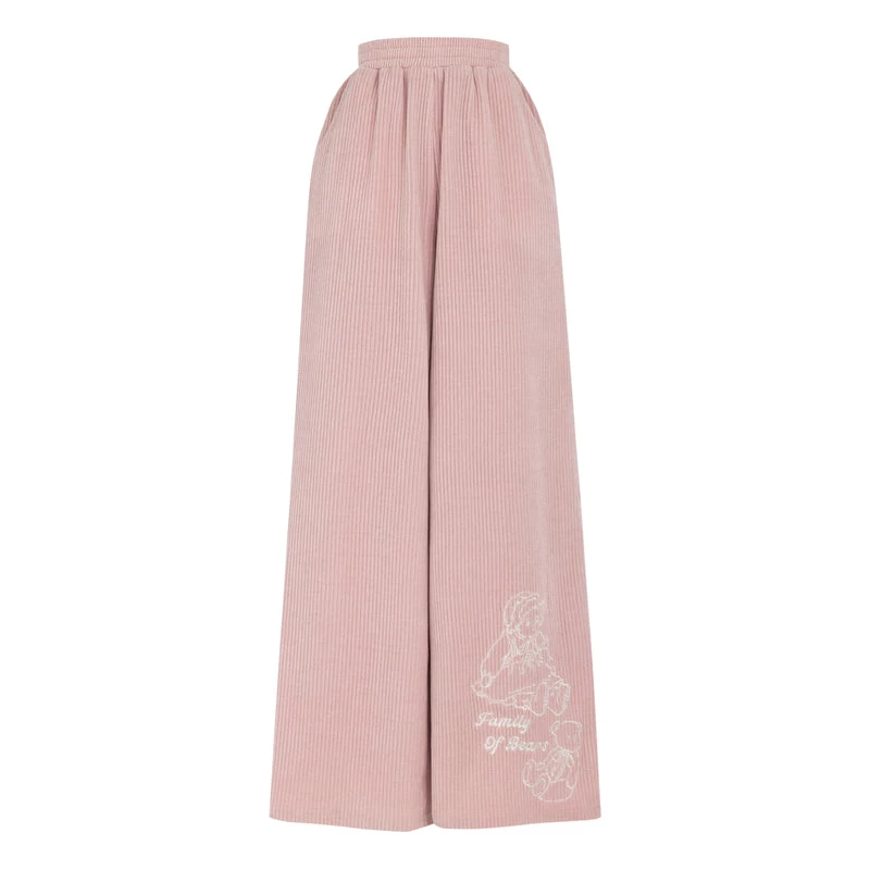 Bear Embroidered Pink Elastic Waist Straight-Leg Pants - Image 4