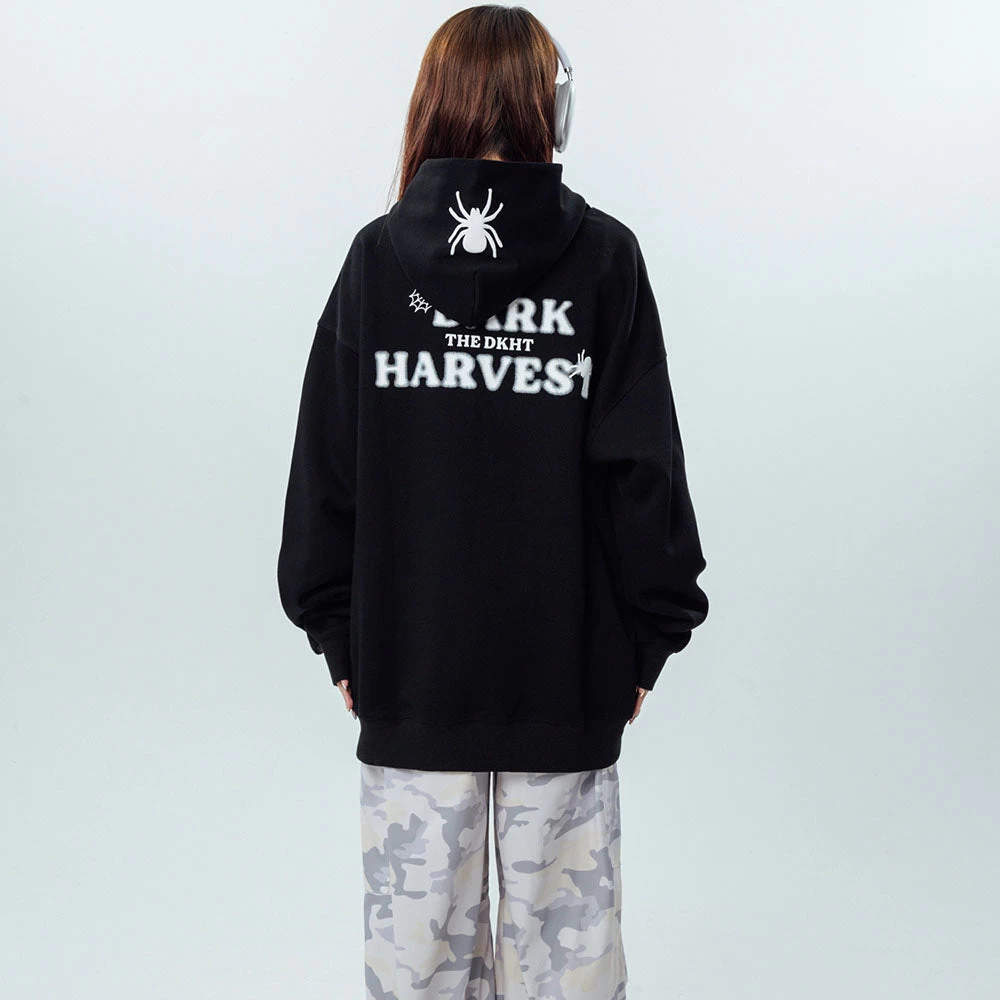 Vintage Spider Web Print Pocket Loose Hoodie - Image 6
