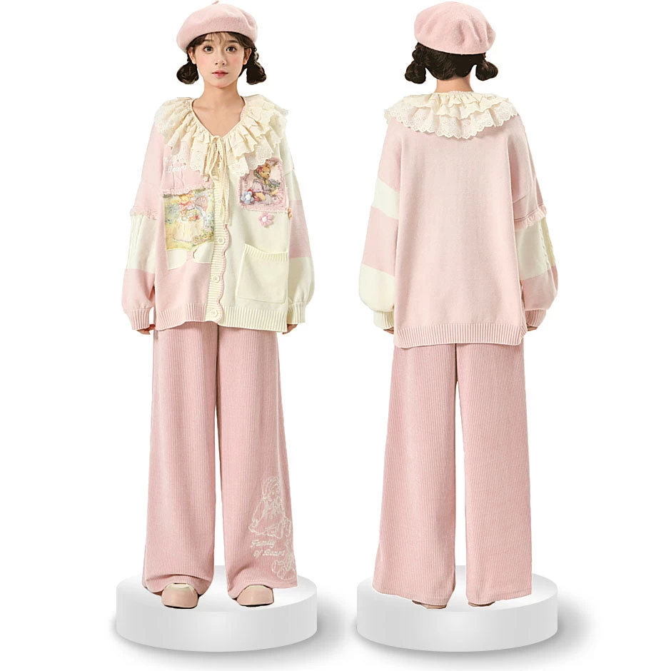 Bear Embroidered Pink Elastic Waist Straight-Leg Pants - Image 5