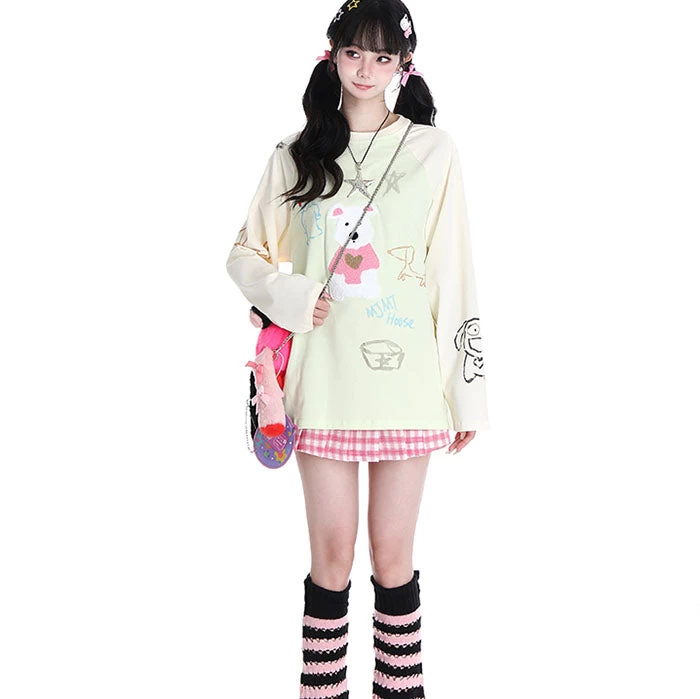 Cartoon Bear Print Long Sleeve Round Collar Hoodie - Image 4