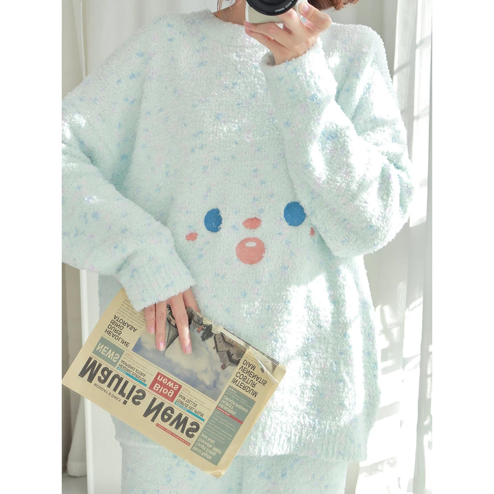 Cute Smail Pattern Round Neck Pajama Set - Image 5