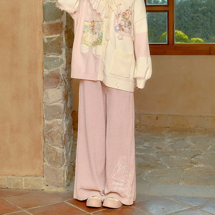Bear Embroidered Pink Elastic Waist Straight-Leg Pants - Image 6