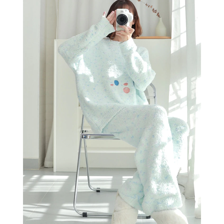 Cute Smail Pattern Round Neck Pajama Set - Image 6