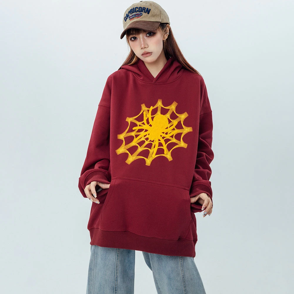 Vintage Spider Web Print Pocket Loose Hoodie - Image 7