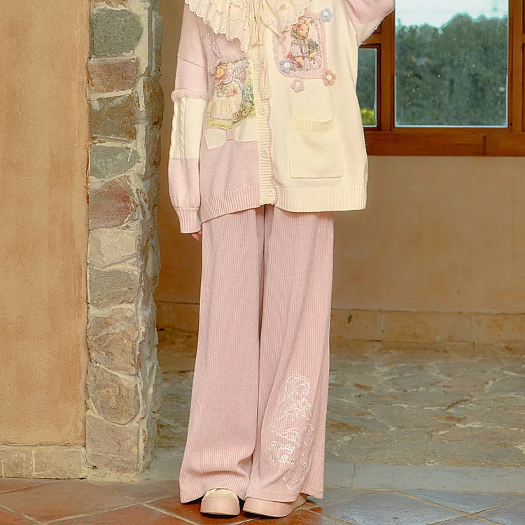 Bear Embroidered Pink Elastic Waist Straight-Leg Pants - Image 7