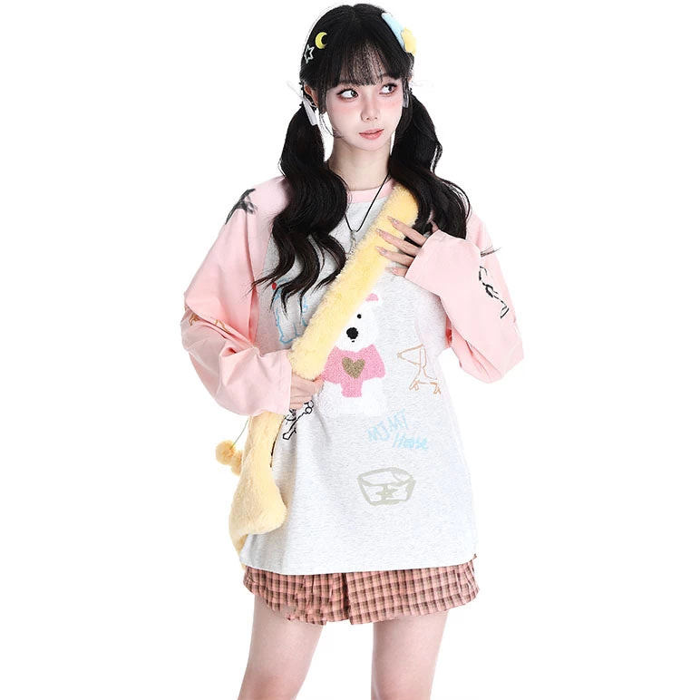 Cartoon Bear Print Long Sleeve Round Collar Hoodie - Image 6