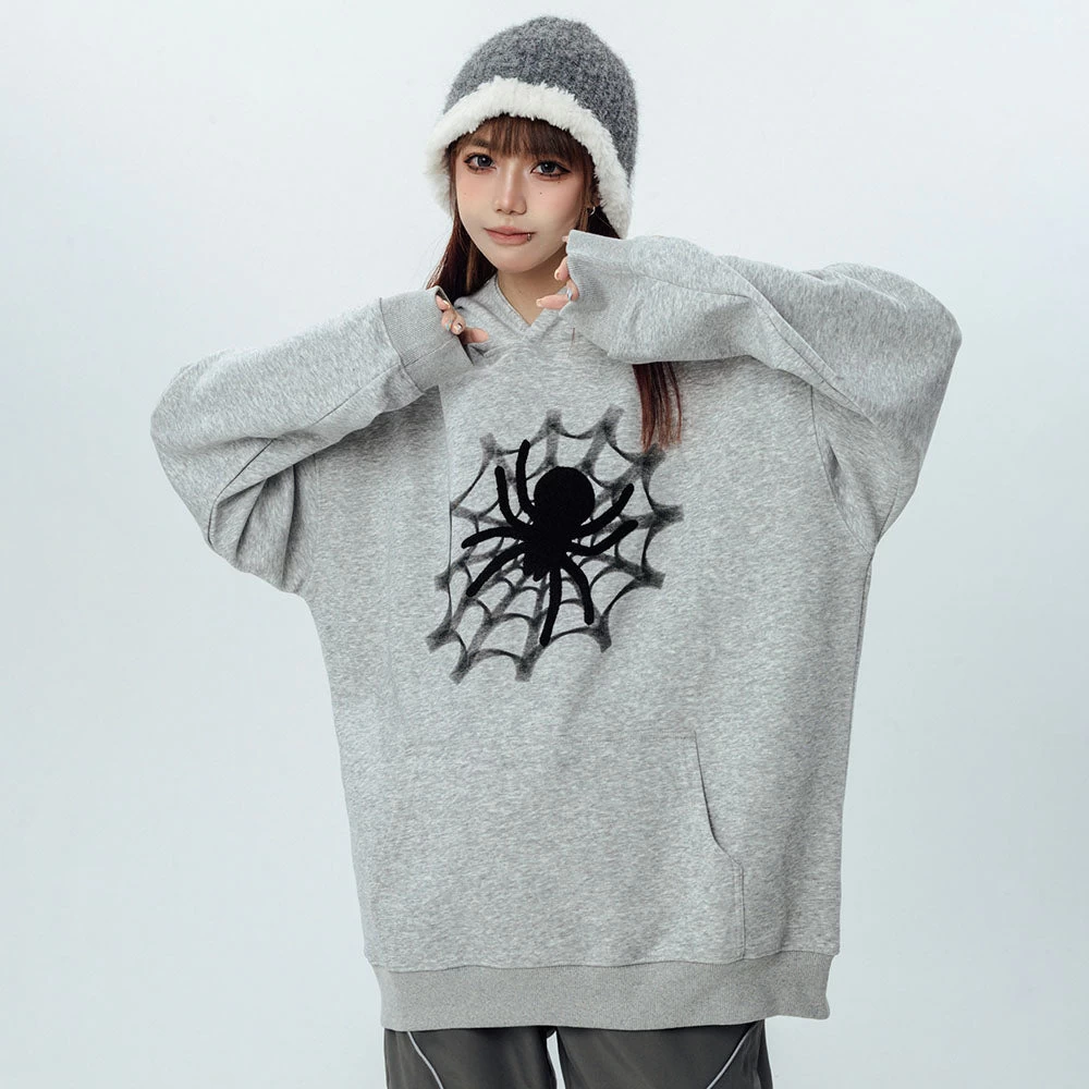 Vintage Spider Web Print Pocket Loose Hoodie - Image 9