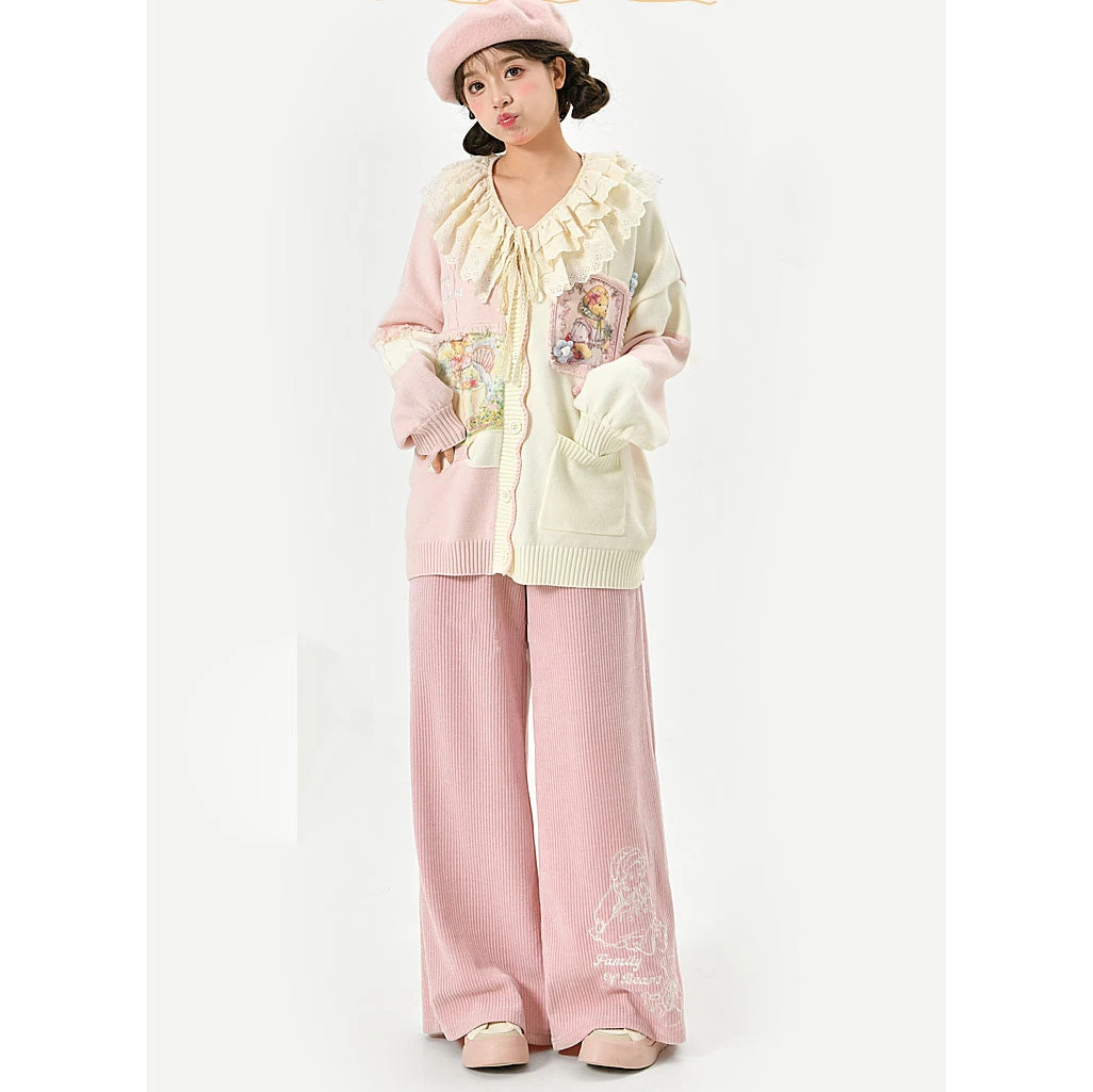 Bear Embroidered Pink Elastic Waist Straight-Leg Pants - Image 9