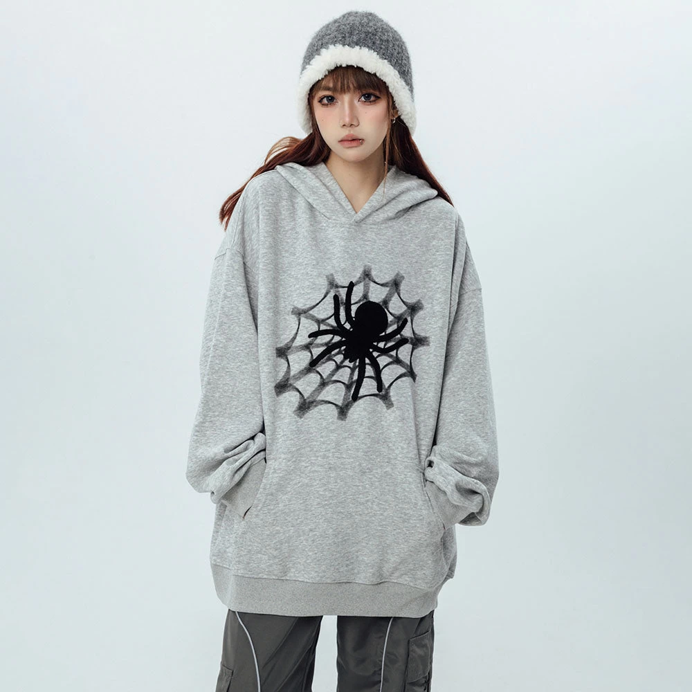 Vintage Spider Web Print Pocket Loose Hoodie - Image 10