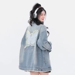 Vintage Distressed Casual Loose Butterfly Embroidery Denim Jacket