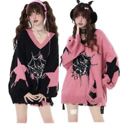 Cool Star Spider Web Pattern Loose V-neck Knit Sweater