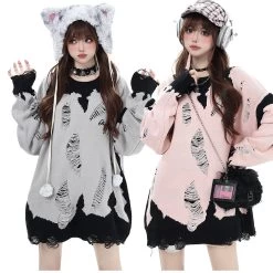 Black And Pink Street Style Hollow Out Distressed Color Block Sweater