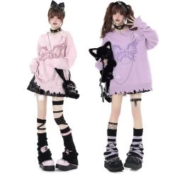 Butterfly Pattern Chain-Decorated Round Neck Knit Sweater