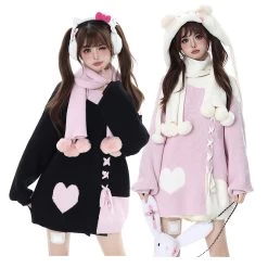 Heart Pattern Crossed Straps Decor Round Neck Sweater With Scarf