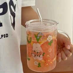 Korean Style Rabbit And Flower Print Glass Cup