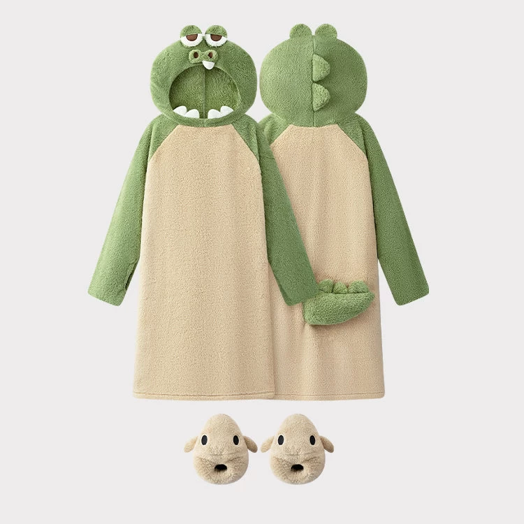 Cute Cartoon Dinosaur Thickened Coral Fleece Hooded Nightgown Homewear - Image 9