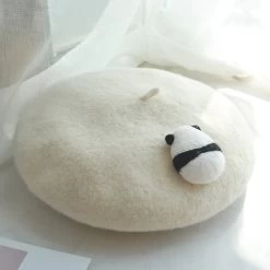 Panda Back White Beret Hat