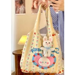 Cartoon Bunny Cherry Printed Canvas Tote Bag
