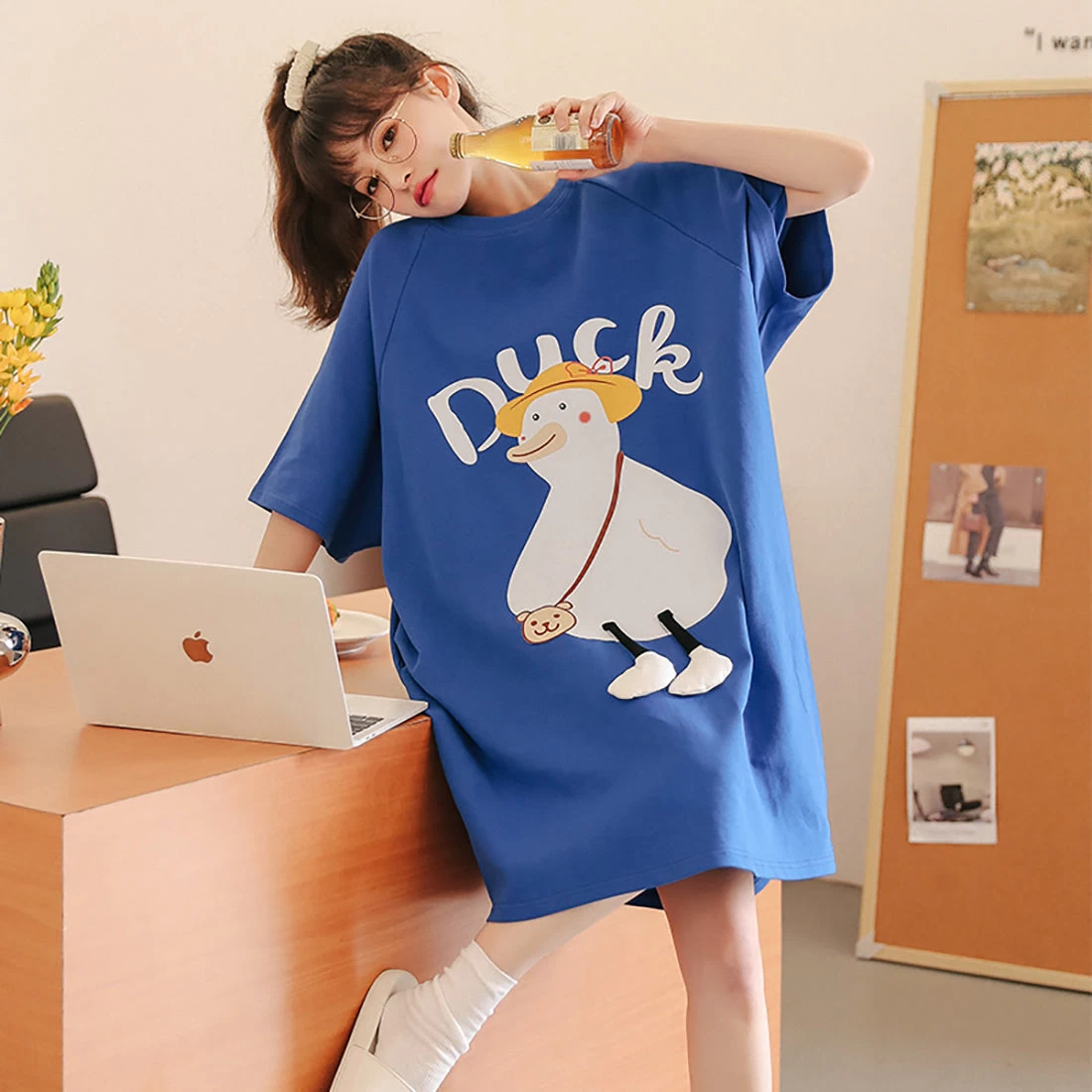 Lovely Cartoon Duck Blue Loose Cotton Pajamas