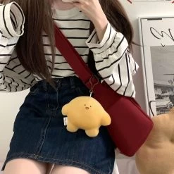 Japanese Pure Color Canvas Shoulder/Crossbody Bag With Pendant