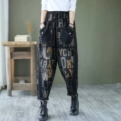 Letter Printed Faded Elasticity Waist Jeans
