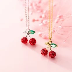 Sweet Red Cherry Pendant Silver Necklace