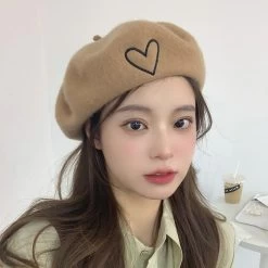 Front Heart Embroidered Beret Hat