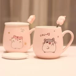 Pastel Pink Hamster Mug With Lid And Spoon