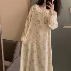 Lovely Rabbit Print Comfy Cotton Long Pajamas Dress
