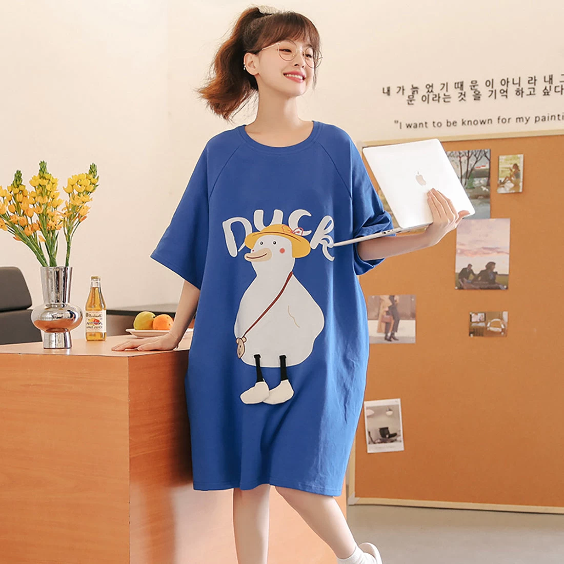 Lovely Cartoon Duck Blue Loose Cotton Pajamas - Image 4